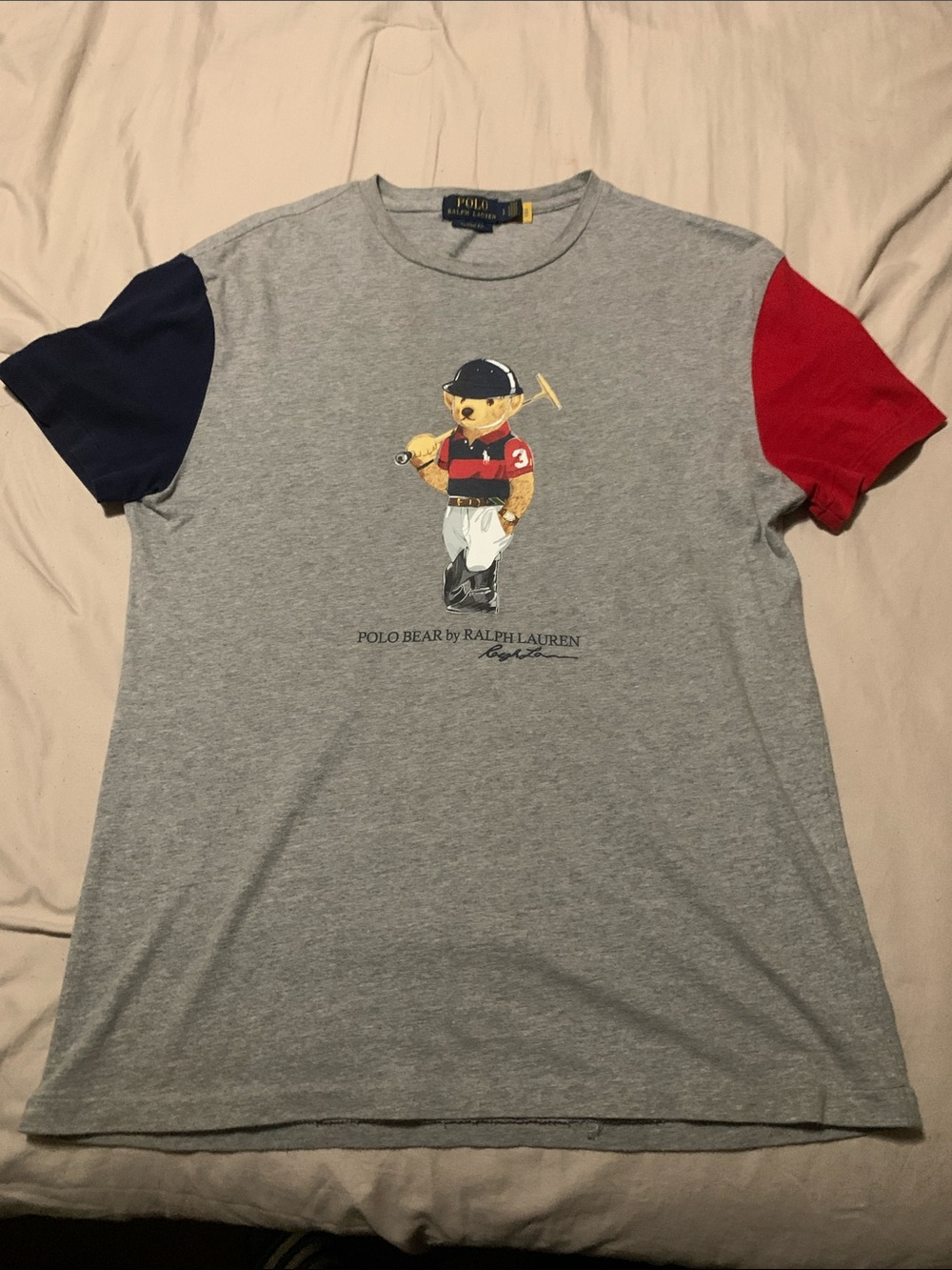 Polo by Ralph Lauren Grey Tee with Red & Navy Sleeves and Polo Bear Graphic